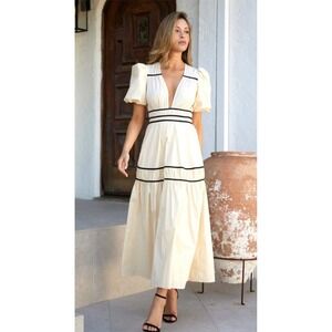 EB LUXE LA Beige Puff Sleeve Tiered Midi French‎ Girl Holiday Party Dress Size S